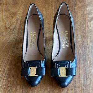 Salvatore Ferragamo Black and Gold Heels
